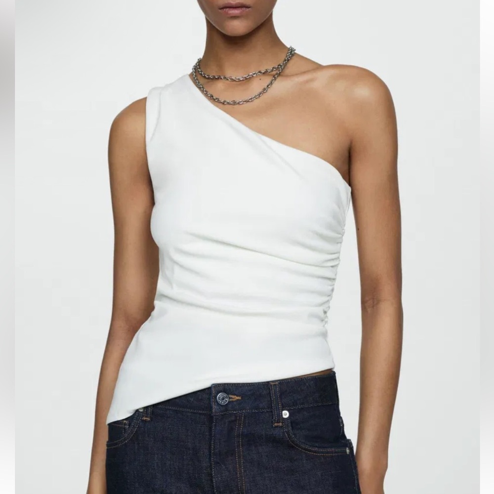 Mango Asymmetric White Ribbed Top Size Small